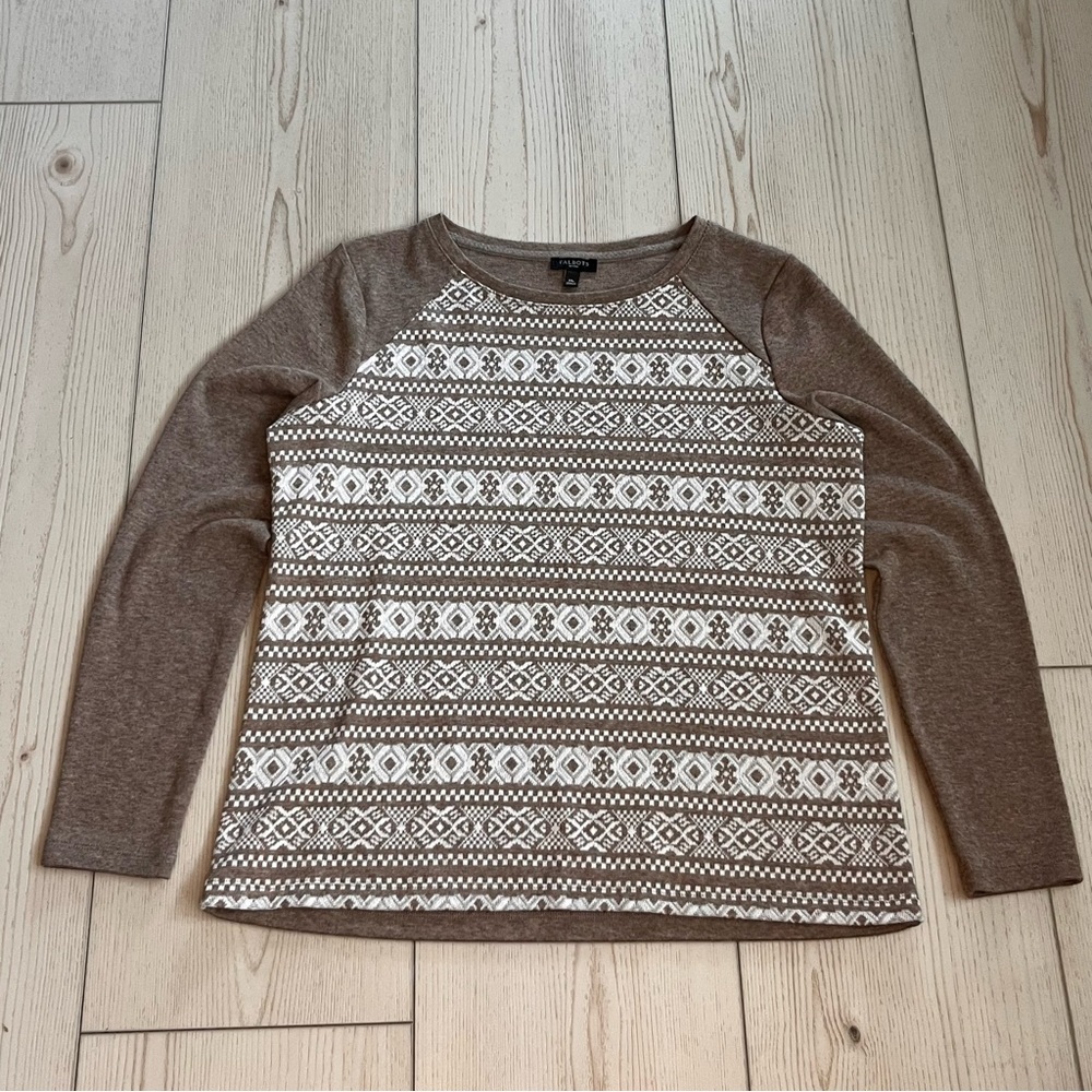 Talbots Brown and White Geometric Long Sleeve Top